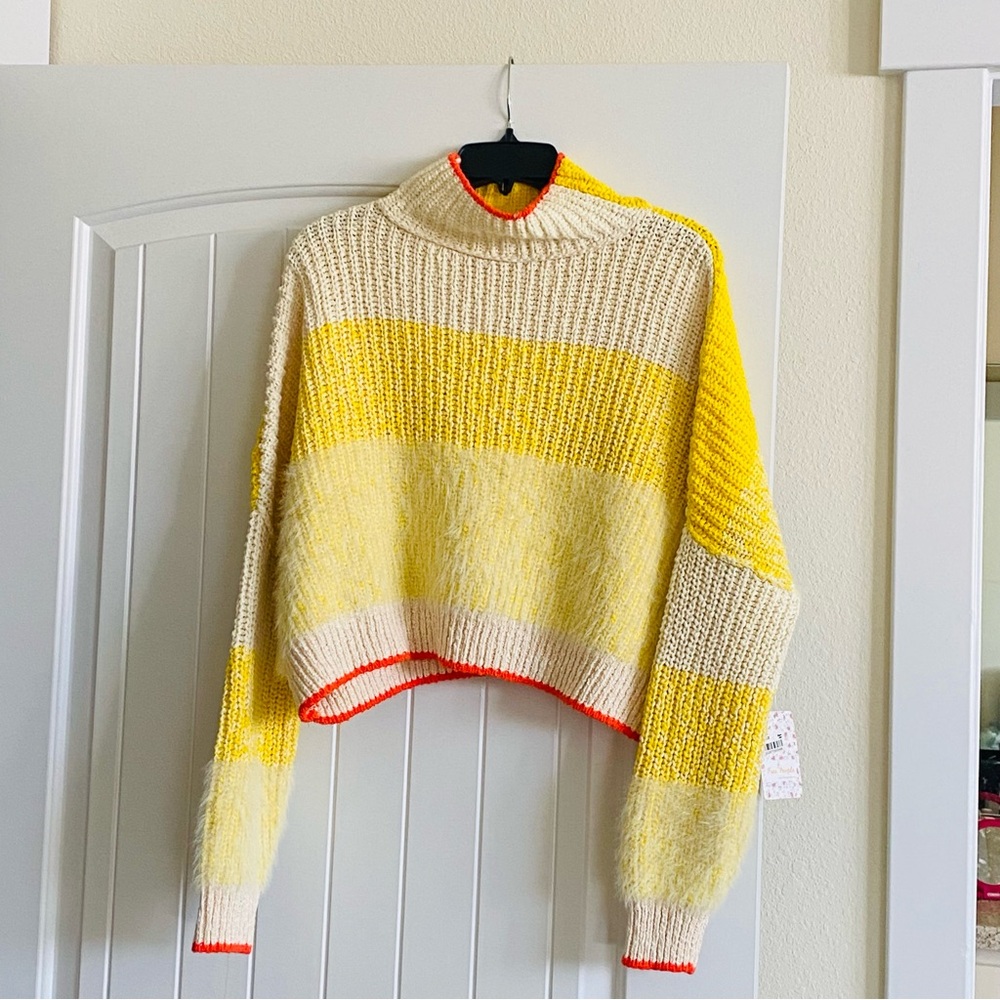 Free People Yellow and Cream Striped Turtleneck Sweater